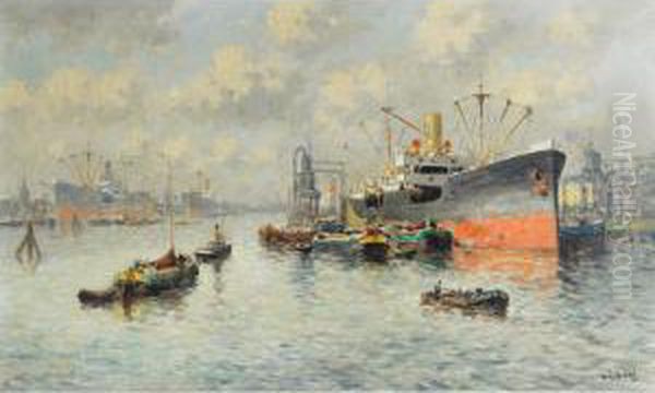 Rotterdam Harbour; Fishing Boats Near The Coast Oil Painting by J. Van Delden