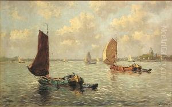 Fishing Boats In A Busy Harbor Oil Painting by J. Van Delden