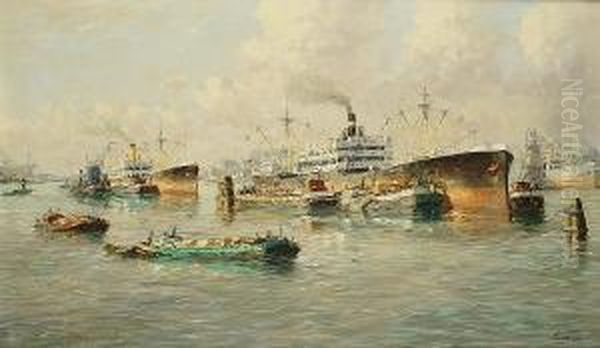 Shipping In A Harbour Oil Painting by J. Van Delden