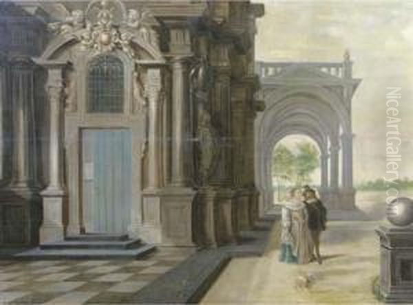 A Fantastical Palace With An Elegant Couple Walking In Front Of Aportico Oil Painting by Dirck Van Delen