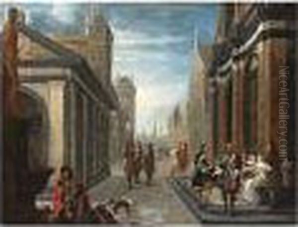 An Architectural Capriccio Of A City With Elegant People Conversing On The Street Oil Painting by Dirck Van Delen