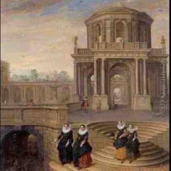 Capriccio Of A Baroque Palace With Elegant Figures Oil Painting by Dirck Van Delen