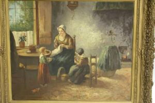 Boerenbinnenhuis Met Vrouw En Kinderen Oil Painting by Adolf-Julius Berg