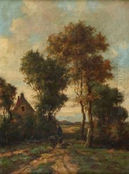 Boerenhofje Met Zandweg, Waarop Een Boer Met Kruiwagen Oil Painting by Adolf-Julius Berg