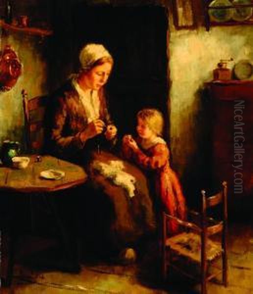 Interior With Mother Andchild Oil Painting by Adolf-Julius Berg