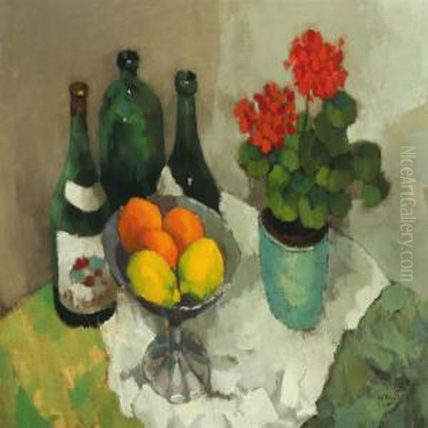 Still Life With Flower, Fruit And Bottles Oil Painting by Ans Van Den Berg