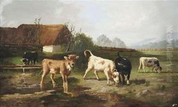 Young Cattle Ona Sumery Pasture. Oil Painting by Simon Van Den Berg