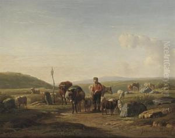 A Farmer With Cows, Sheep And A Mule On A Country Road Oil Painting by Simon Van Den Berg