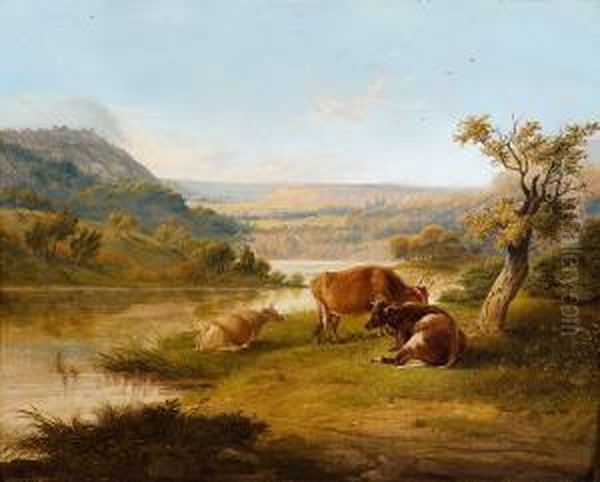 Flusslandschaft Mit Ruhenden Kuhen Am Ufer Oil Painting by Simon Van Den Berg