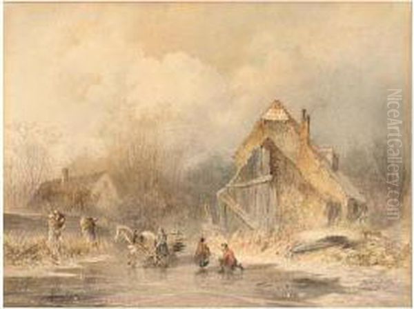 A Winter Landscape With Figures On The Ice Oil Painting by Andries Van Den Bergh