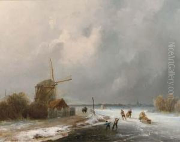 Winterfun On The Ice Oil Painting by Andries Van Den Bergh