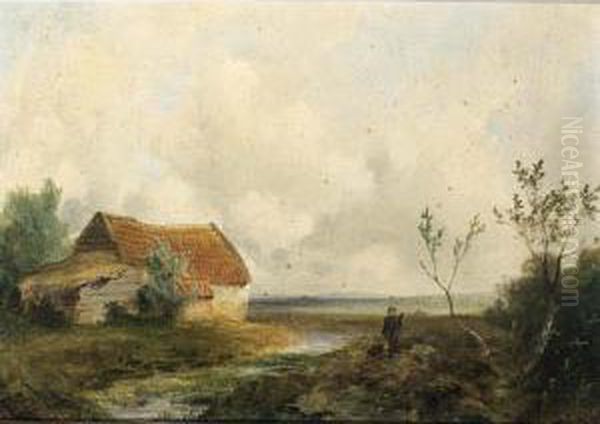 An Extensive Landscape With A Huntsman And His Dog; A Landscape With A Small Farm House Oil Painting by Andries Van Den Bergh