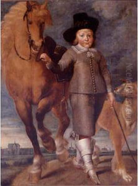 Portrait Of A Boy Standing In A Landscape, The Town Of Alkmaar In The Distance Oil Painting by Matthys Van Den Bergh