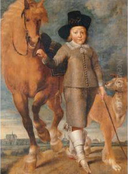 Portrait Of A Young Boy Standing In A Landscape With A Horse And A Dog, The Town Of Alkmaar In The Distance Oil Painting by Matthys Van Den Bergh