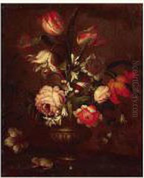 Attribue A Nicolas Van Den Bergh - Bouquet De Fleurs Et Grenouille Oil Painting by Nicolas Van Den Bergh