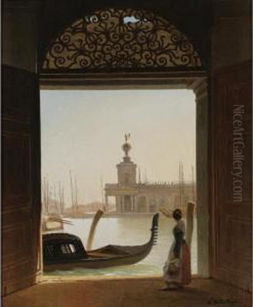 Venice, A View Of The Dogana Seen Through A Large Doorway Oil Painting by Charles Auguste van den Berghe