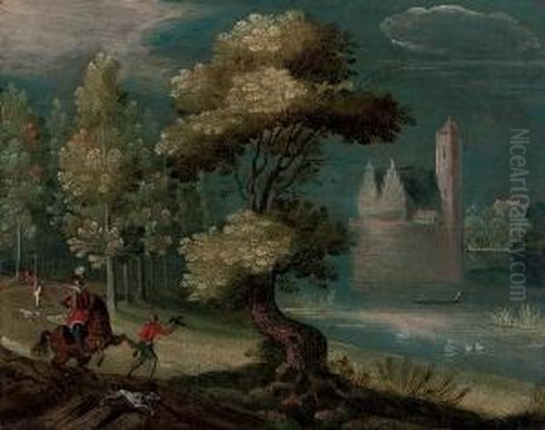 A Wooded River Landscape With A Hawking Party On A Track, A Castle Beyond Oil Painting by Christoffel van den Berghe