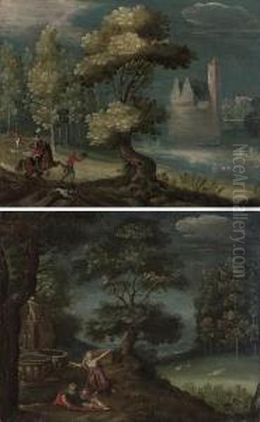 A Wooded River Landscape Oil Painting by Christoffel van den Berghe