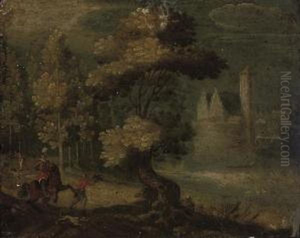 A Wooded River Landscape With A Hawking Party On A Track, A Castlebeyond Oil Painting by Christoffel van den Berghe