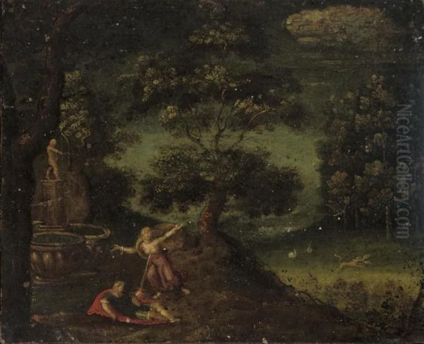 A Forest Landscape With Pyramus And Thisbe, The Lion Tearingthisbe's Cloak Beyond Oil Painting by Christoffel van den Berghe