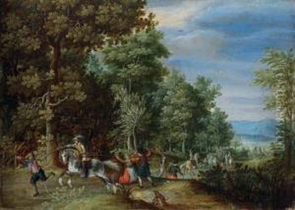 A Wooded Landscape With Travellers Ambushed On A Country Path Oil Painting by Christoffel van den Berghe