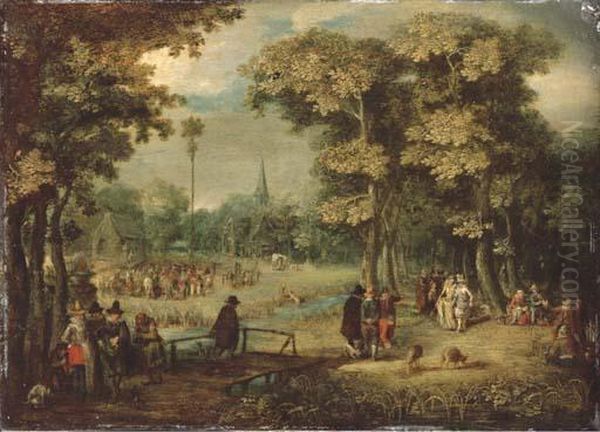 A Wooded Village Landscape With Elegant Figures Oil Painting by Christoffel van den Berghe