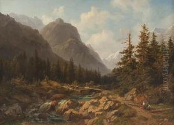 Waldbach Vor Alpenpanorama Oil Painting by Willem Jan Van Den Berghe