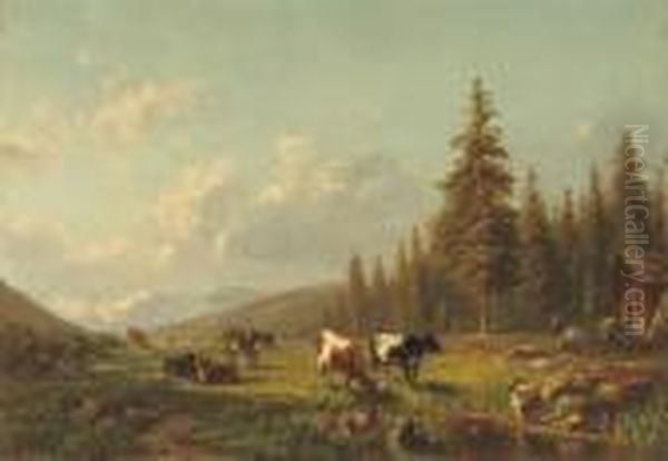 Cattle In The Mountains Near A Stream Oil Painting by Willem Jan Van Den Berghe