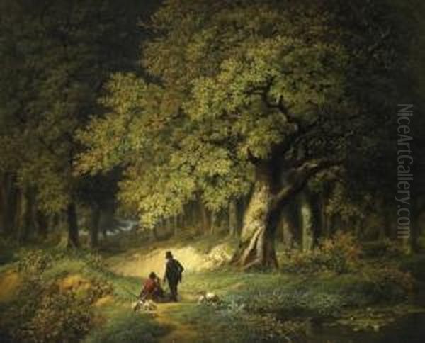 Large Summerly Forest Landscape. Two Hunters On The Trail, Below An Oak. Signed And Dated Unten Links Der Mitte: W.j. Van Den Berghe 47 Oil Painting by Willem Jan Van Den Berghe