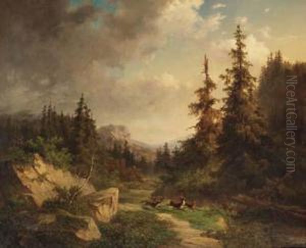 Rocky Woodland With Wolves Chasing A Stag Oil Painting by Willem Jan Van Den Berghe