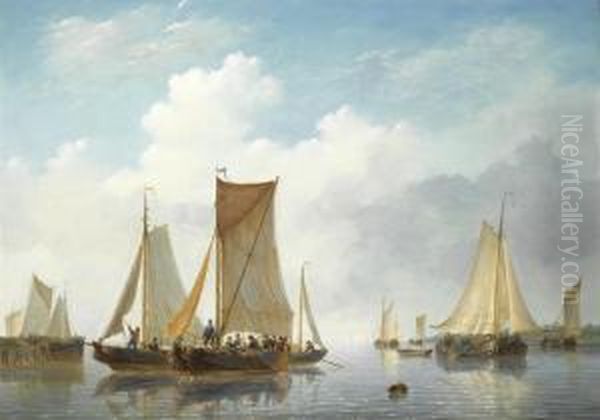 Estuary With Vessels In Calm Water Oil Painting by Frans Jacobus Van Den Blijk