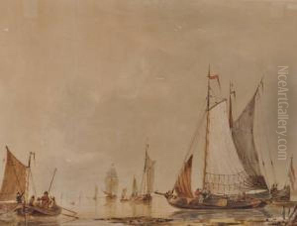 Watercolour, 
Dutch Harbour Scene Oil Painting by Frans Jacobus Van Den Blijk