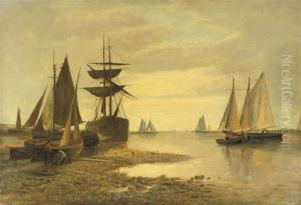 Shipping Near A Harbour Entrance Oil Painting by Frans Jacobus Van Den Blijk