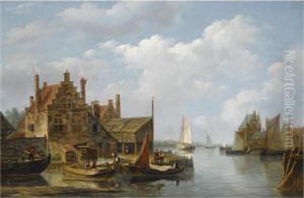 A View Of A Riverside Village Oil Painting by Frans Jacobus Van Den Blijk