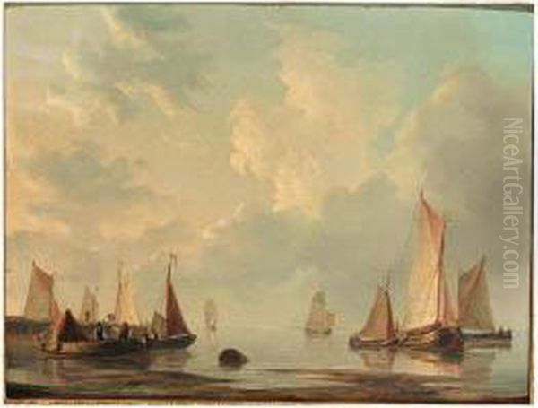 Moored Rivercraft At A Harbour Entrance; Rivercraft Off The Coast,vlissingen Oil Painting by Frans Jacobus Van Den Blijk