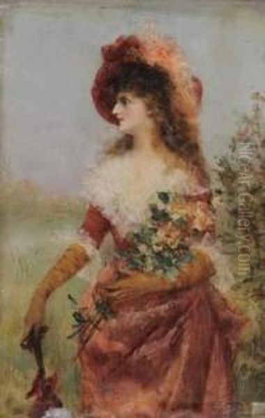 Jeune Fille Au Bouquet De Fleurs. Oil Painting by Georges Van den Bos