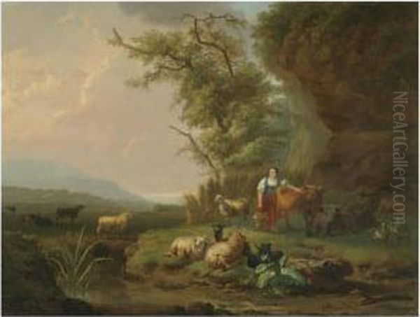 A Landscape At Sunset With A Milkmaid And Her Herd In Theforeground Oil Painting by Jan Hendrick Van Den Bosch