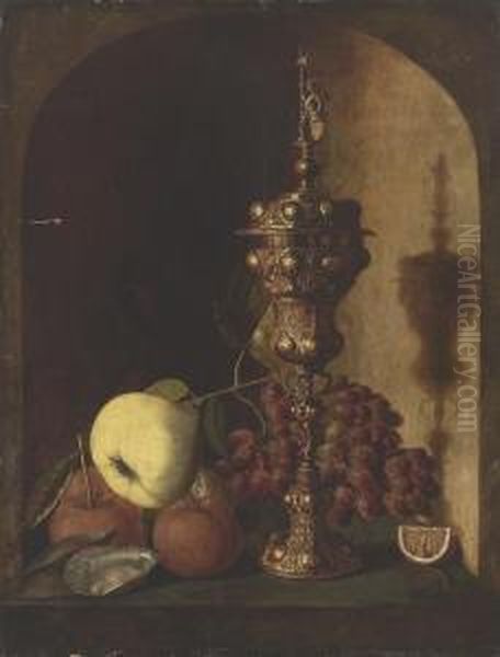 Grapes, A Pear, An Apple, A Lemon, Oysters And A Silver-gilt Cup Ina Stone Niche Oil Painting by Pieter Van Den Bosch