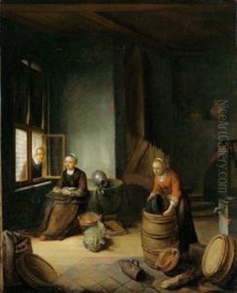 Interno Di Cucina Con Due Servette Al Lavoro E Una Donna Alla Finestra Oil Painting by Pieter Van Den Bosch