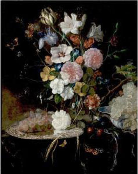 Still Life Of Roses, Lilies, Tulips, An Iris And Other Flowers Resting On A Table, With A Bunch Of Grapes On A Silver Platter And Another Bunch Of Grapes In A Blue And White Porcelain Bowl Oil Painting by Pieter Van Den Bosch