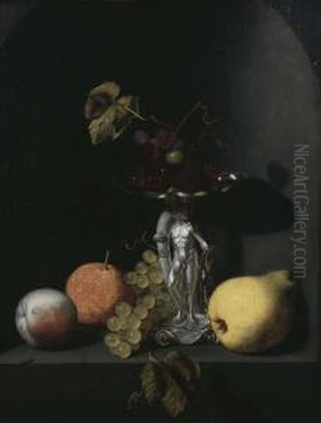 A Peach, An Orange, Grapes, A Pear, And Blue Grapes In A Silverhercules Tazza On A Stone Ledge In A Niche Oil Painting by Pieter Van Den Bosch