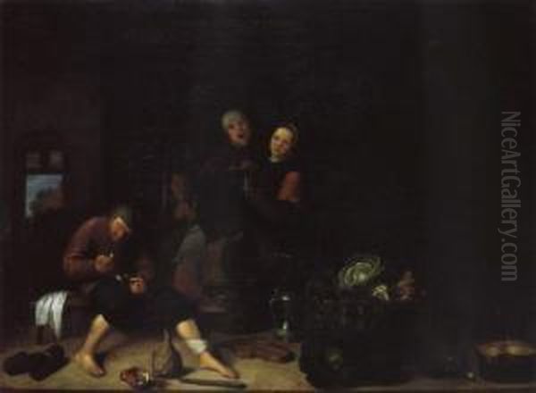 Bauerliches Interieur Mit Funf Personen Oil Painting by Pieter Van Den Bosch