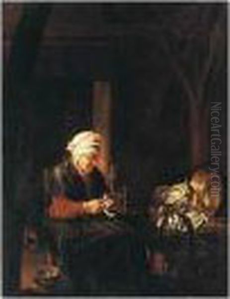 An Old Lady Peeling A Lemon In An Interior Oil Painting by Pieter Van Den Bosch