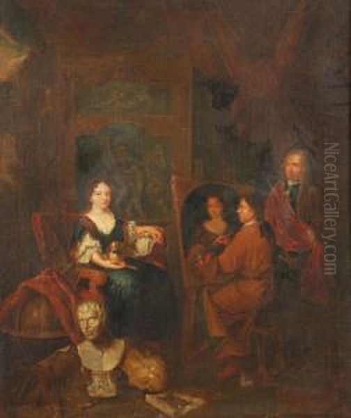 Interior Of An Artist's Studio With Alady Sitting For A Portrait Oil Painting by Balthazar Van Den Bossche