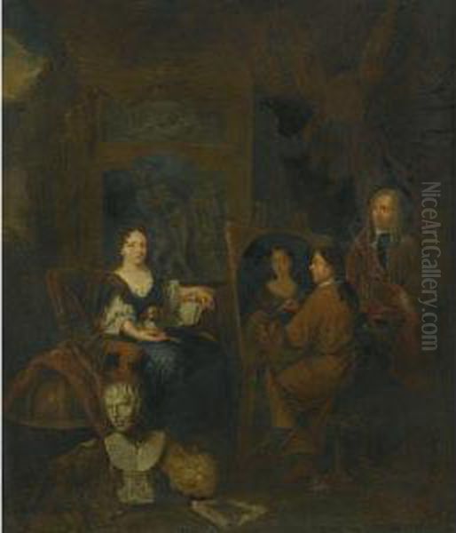 Interior Of An Artist's Studio With A Lady Sitting For Aportrait Oil Painting by Balthazar Van Den Bossche