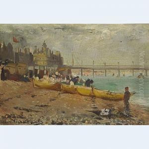 Beach Scene Oil Painting by Clemens Van Den Broeck