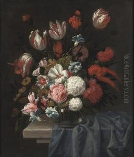 Tulips, Roses, Poppies And Other Flowers In A Glass Vase On A Stone Table Oil Painting by Carl Wilhelm de Hamilton