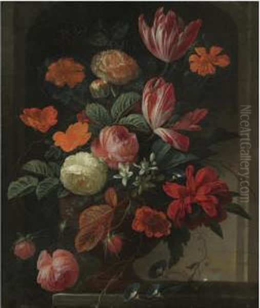 Still Life With Flowers In An Urn On A Stone Ledge Oil Painting by Carl Wilhelm de Hamilton