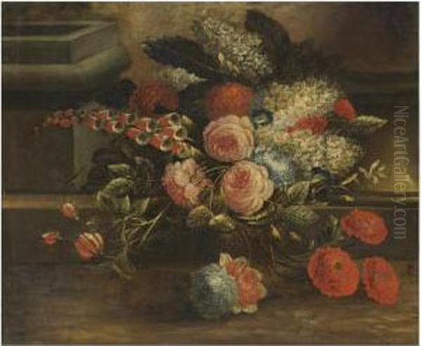 A Still Life With Various Flowers On A Step Oil Painting by Carl Wilhelm de Hamilton