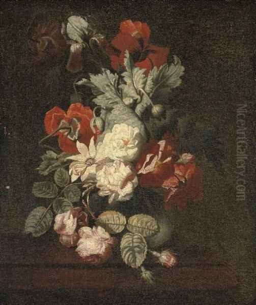 Roses, Poppies, An Iris And Other Flowers In A Vase On A Ledge Oil Painting by Carl Wilhelm de Hamilton